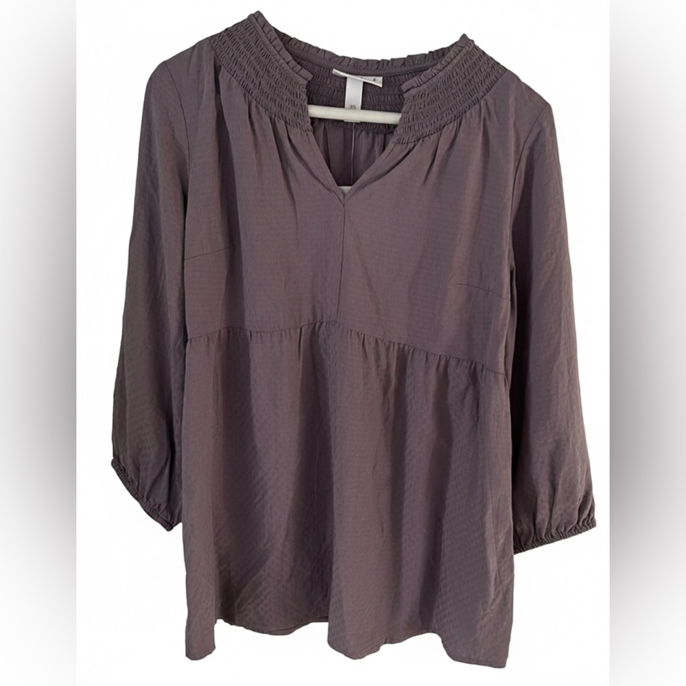 Isabel Maternity NWT Purple Smocked V-Neck Babydoll Top XS Long Sleeve